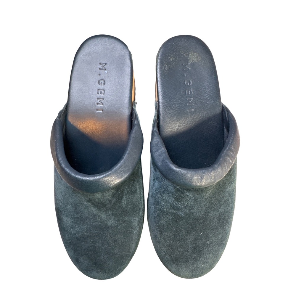 M Gemi Navy Blue Suede Studded Wood Platform Clog Mules Italy Size 38